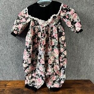 Jo Lene Vintage Floral Romper Velvet Lace Pink Rose Black Cotton USA Prairie 2T